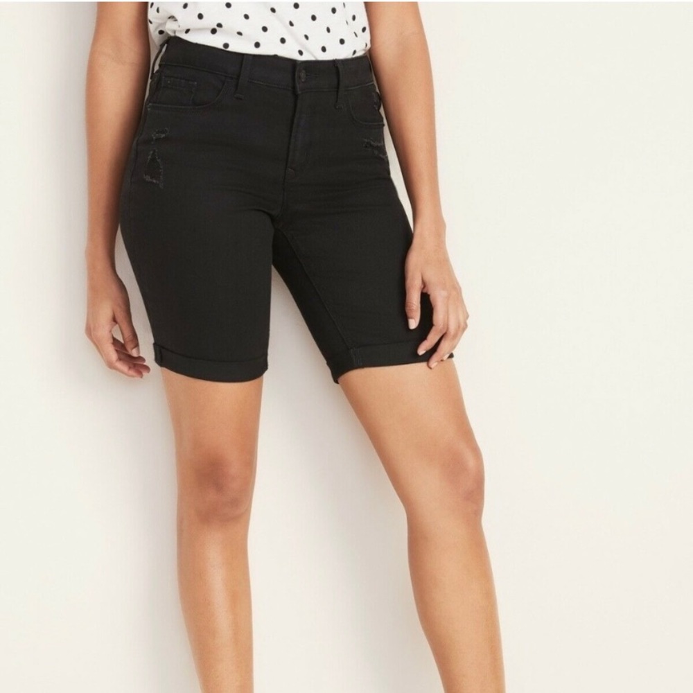 Old Navy Mid-Rise Cuffed Bermuda Slim Black Jean Shorts | sz 12 | 9” inseam